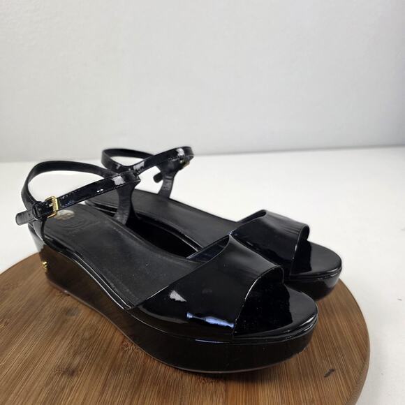 Tory Burch Sandals Womens Size 9 Black Patent Leather Wedge Platform Ankle Strap - Picture 6 of 16